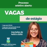 Abertas vagas no programa de estágio da Câmara Municipal de Entre Rios de Minas