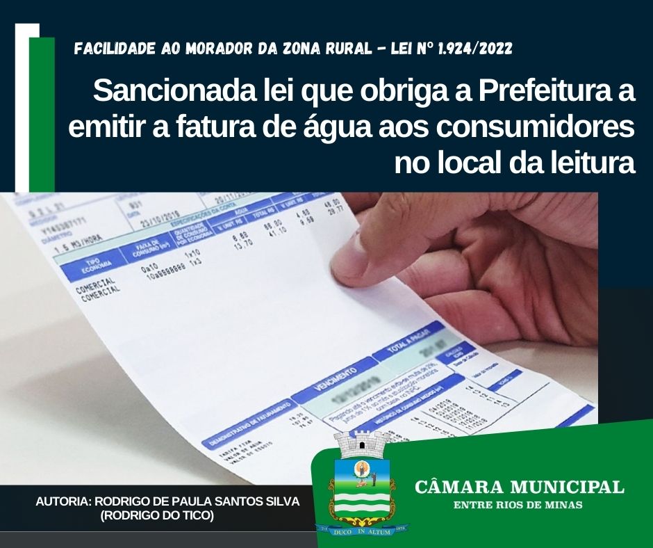 Sancionada lei que obriga a Prefeitura a emitir a fatura de água aos consumidores no local da leitura