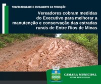 Vereadores cobram medidas do Executivo para manutenção e conservação das estradas rurais